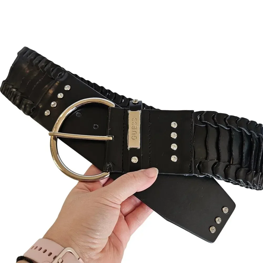 Guess Black Faux Leather Wide Belt Rhinestones Womens Medium Bold Goth Night Out